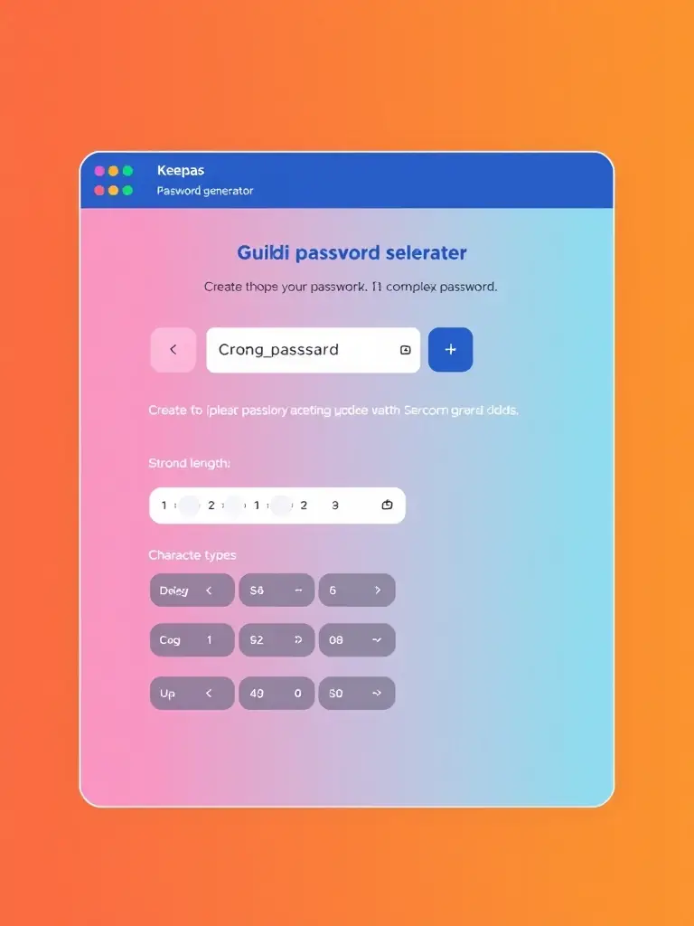 A screenshot of Keepaas password generator creating a strong, complex password with customizable options like length and character types. The interface is intuitive and user-friendly.