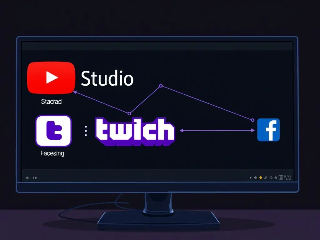 An image depicting OBS Studio streaming to multiple platforms simultaneously, such as YouTube, Twitch, and Facebook, highlighting its multi-platform streaming capabilities.