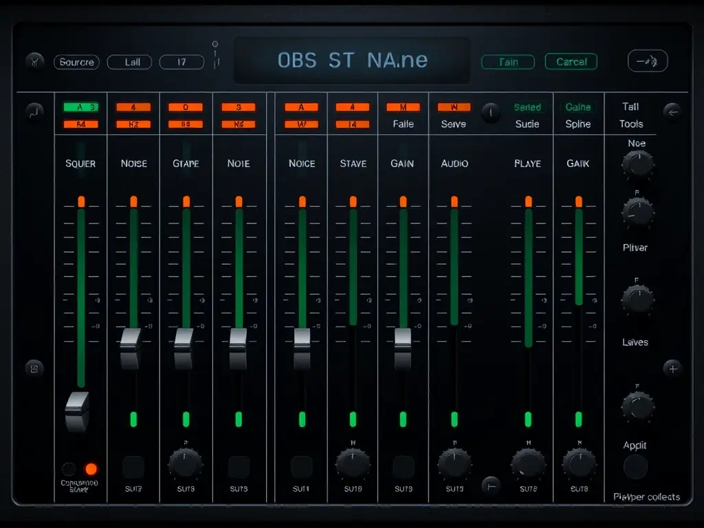 A visual representation of OBS Studio's audio mixer, showcasing the various audio sources and their levels, with filters and effects applied to enhance audio quality.