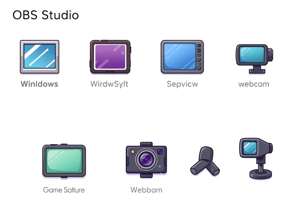 A screenshot of OBS Studio's interface, showcasing the scene creation and source selection options, with various sources like webcam, display capture, and game capture visible.